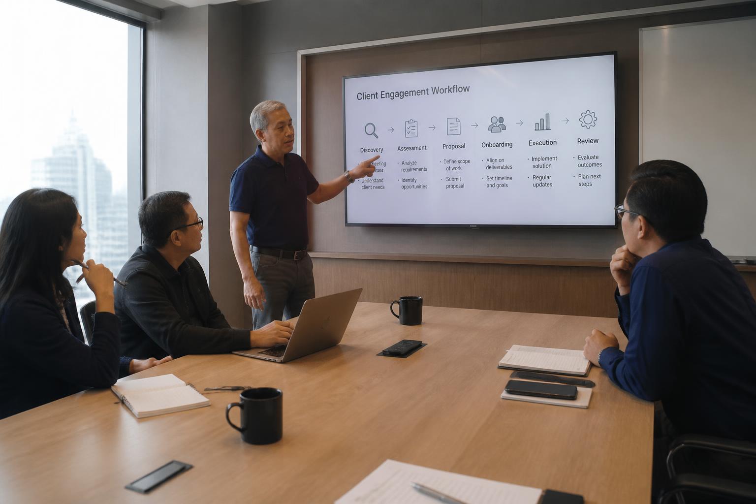 Senior consultant walking a client leadership team through a workflow diagram in a Manila meeting room